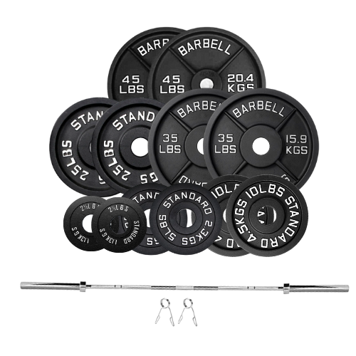 weight plates set 245lbs 1.8m bar