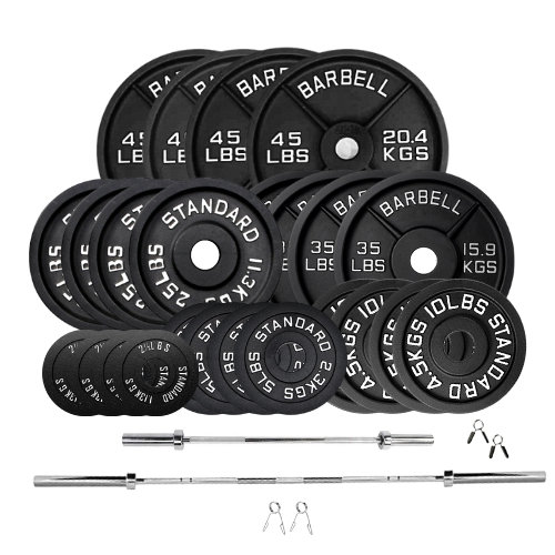 weight plates set 490lbs 1.2m and 1.8m bar