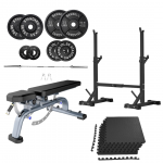 Bench Press set with Squat rack, Workout bench, olympic weight plates and barbell