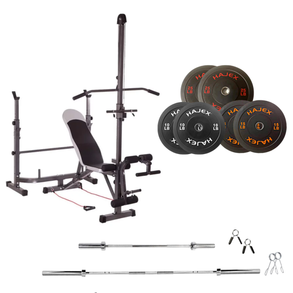 workout bench with weight plates 100 lb rubber bumper olympic